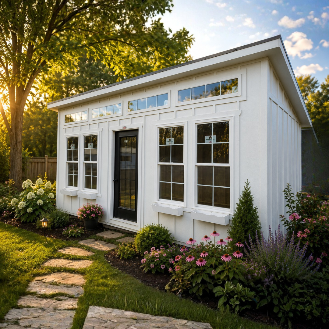 White cottage-style portable building with black door and large windows surrounded by colorful summer flowers, manicured landscaping, and a stone pathway in a sunny backyard setting.