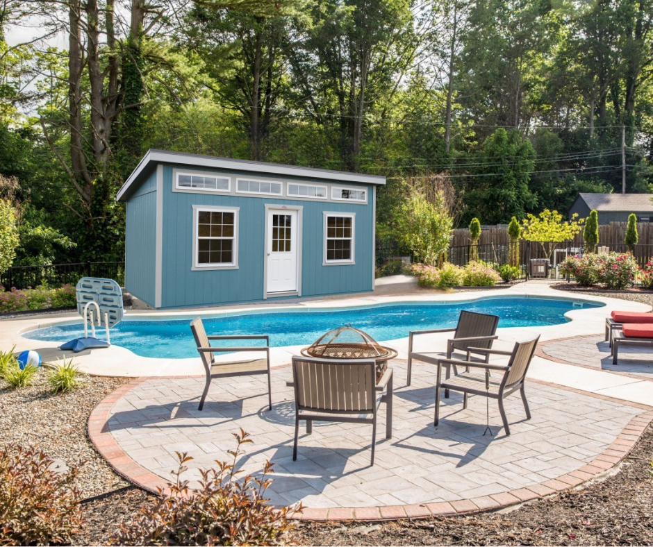 Studio shed being utilized as pool storage.