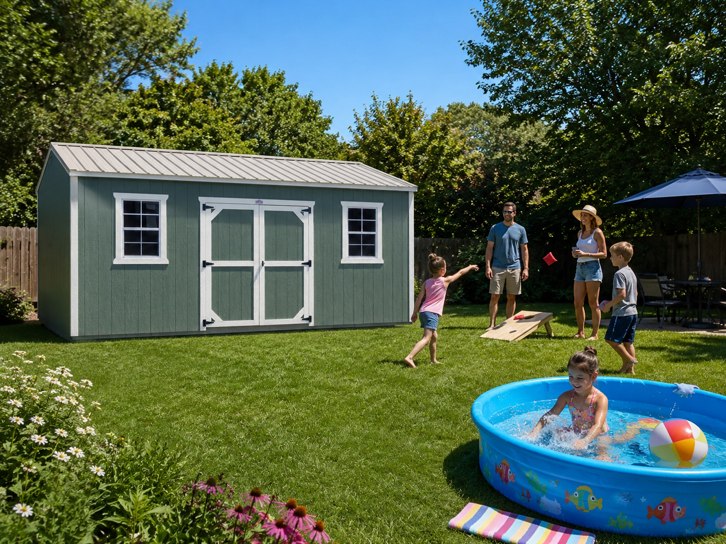 Backyard scene with shed, kids playing, and a small inflatable pool on a sunny day