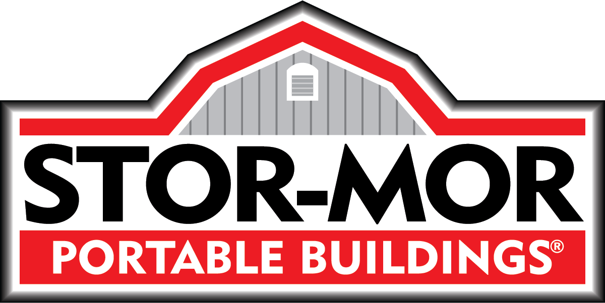 The logo for stor-mor portable buildings has a barn on it