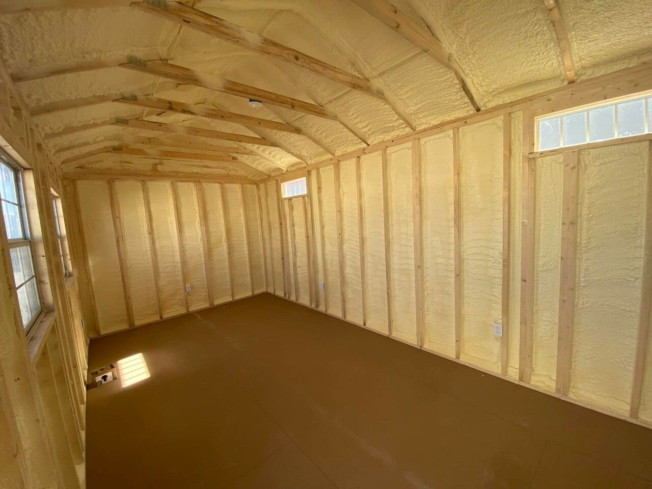 Interior view of a portable building with insulation