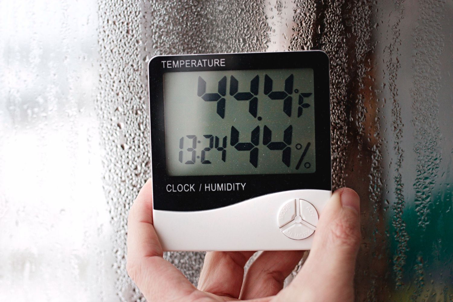 A person is holding a digital thermometer in front of a window.