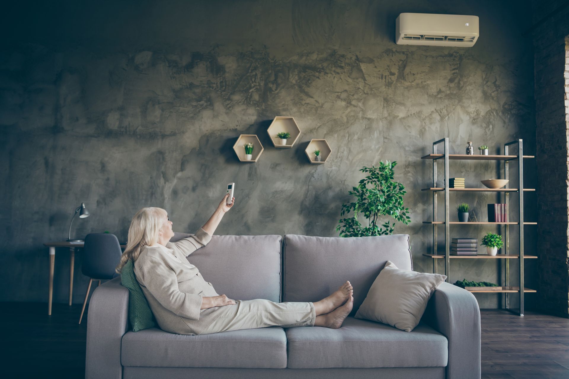 Older woman on a sofa using a remote to control a wall-mounted air conditioner.
