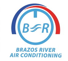 A blue and red logo for brazos river air conditioning