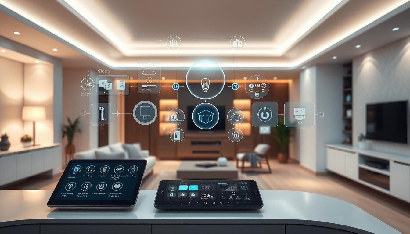Modern living room with smart home controls on tablet and console. Digital icons hover above the TV and room.
