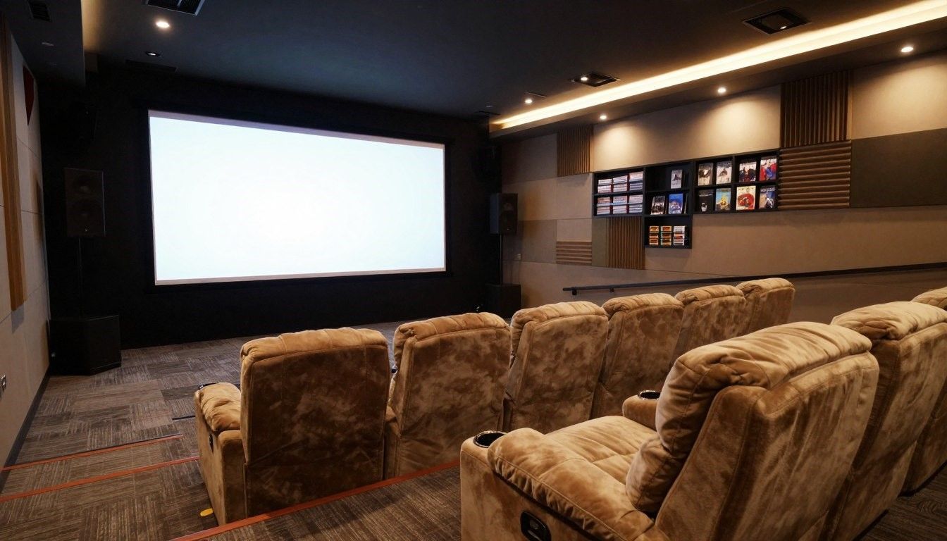 Home theater with brown reclining chairs facing a white screen. Dark room with movie posters.
