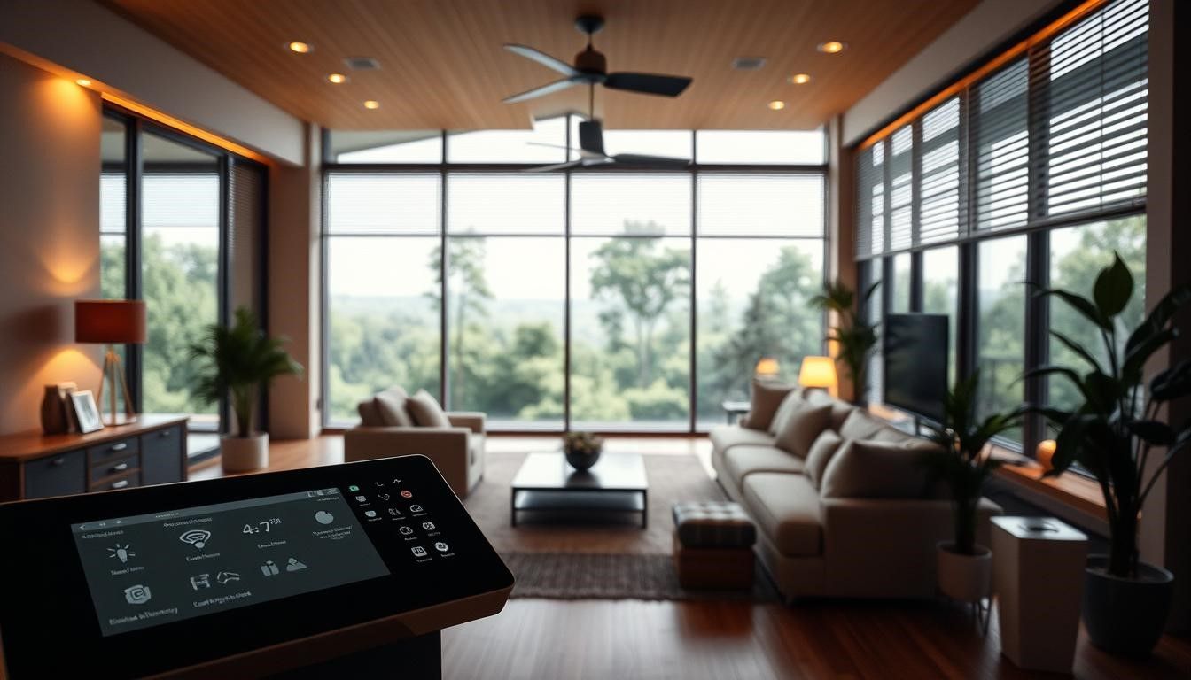 Living room with smart home control panel. Large windows overlooking trees.