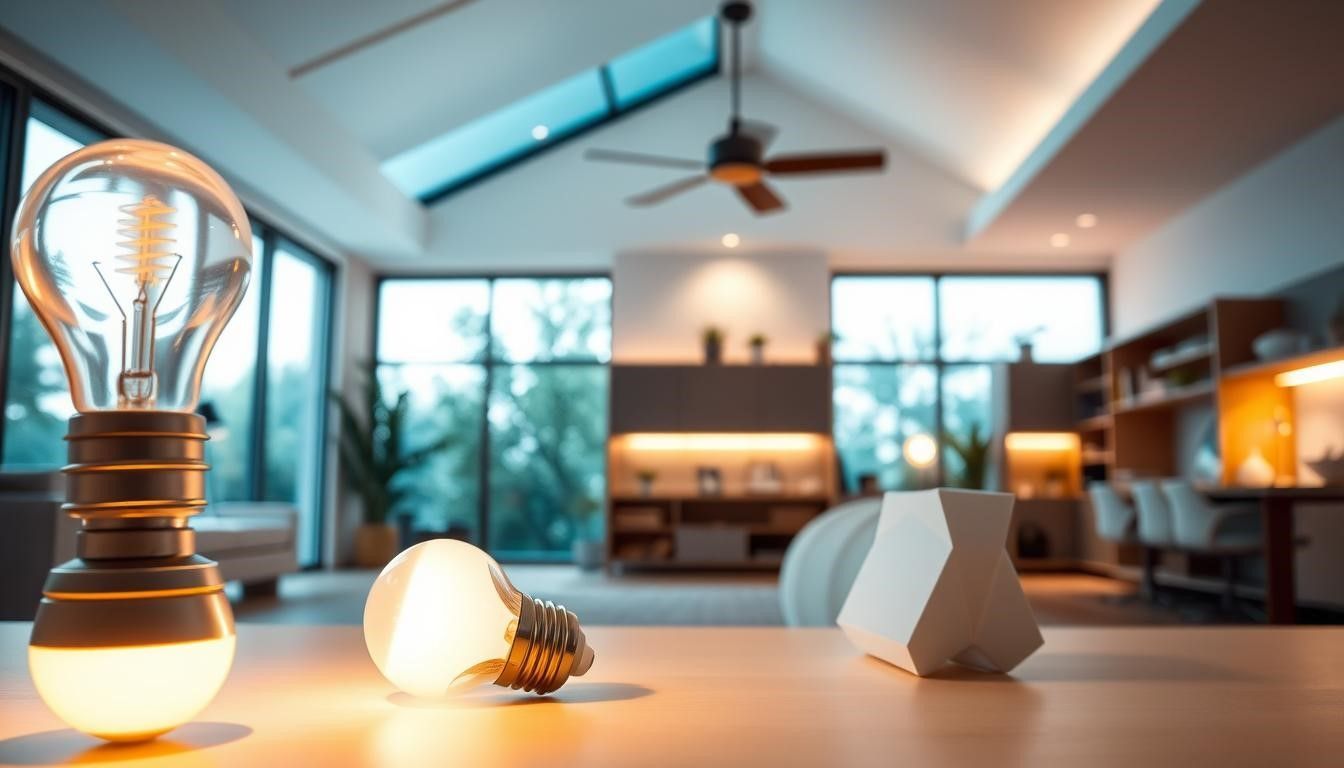 Lit lightbulbs on a table in a modern, open-concept living space with a ceiling fan.