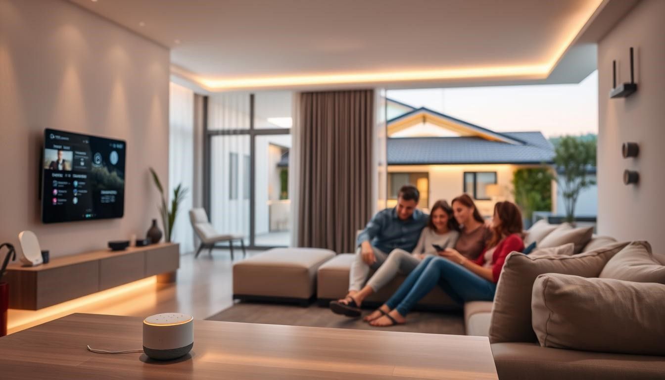 Family on couch in modern living room, watching TV and using a smartphone.