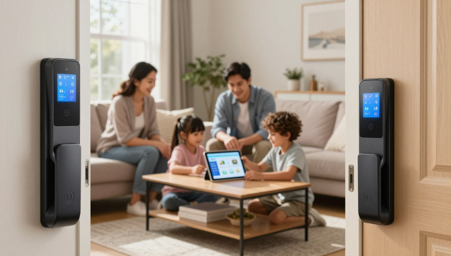 Family playing a board game on a coffee table in a bright living room with wall-mounted smart displays.