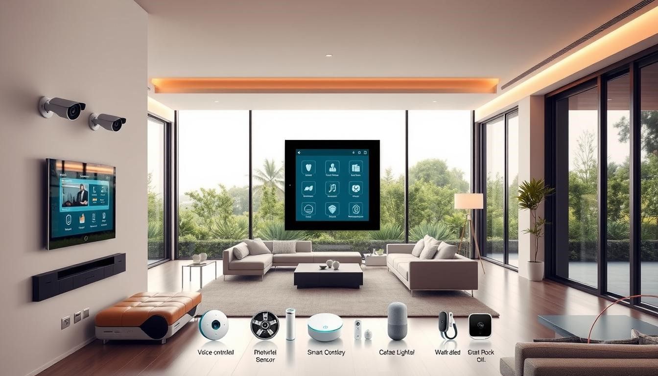 Modern living room with large screen displaying smart home controls, overlooking lush greenery.