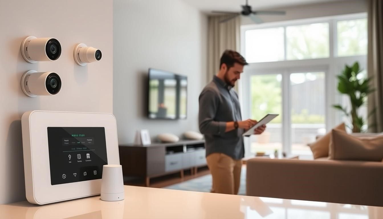 A man uses a tablet in a modern living room with security cameras and control panel.