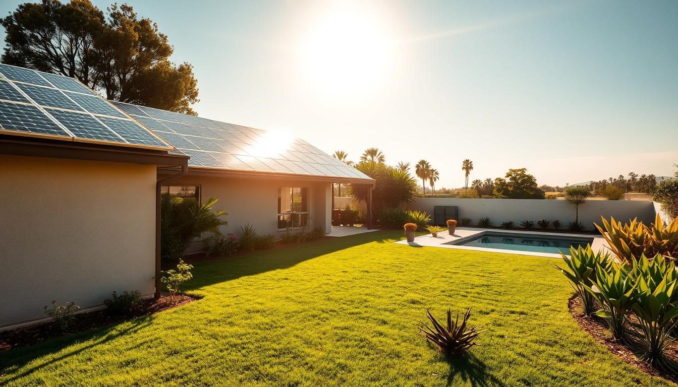 House with solar panels on the roof, grassy yard, and a pool on a sunny day.