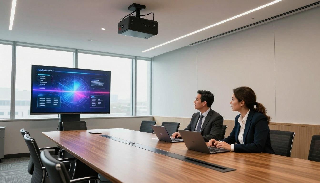 Two people in suits looking at a large screen in a modern conference room, projector overhead.