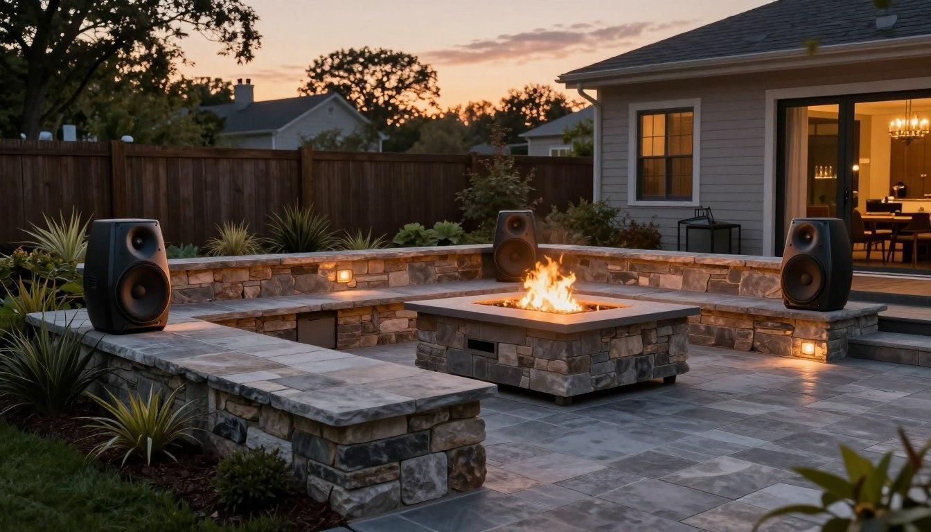 Outdoor patio with a stone fire pit, built-in seating, and three speakers at dusk, next to a house with an open doorway.