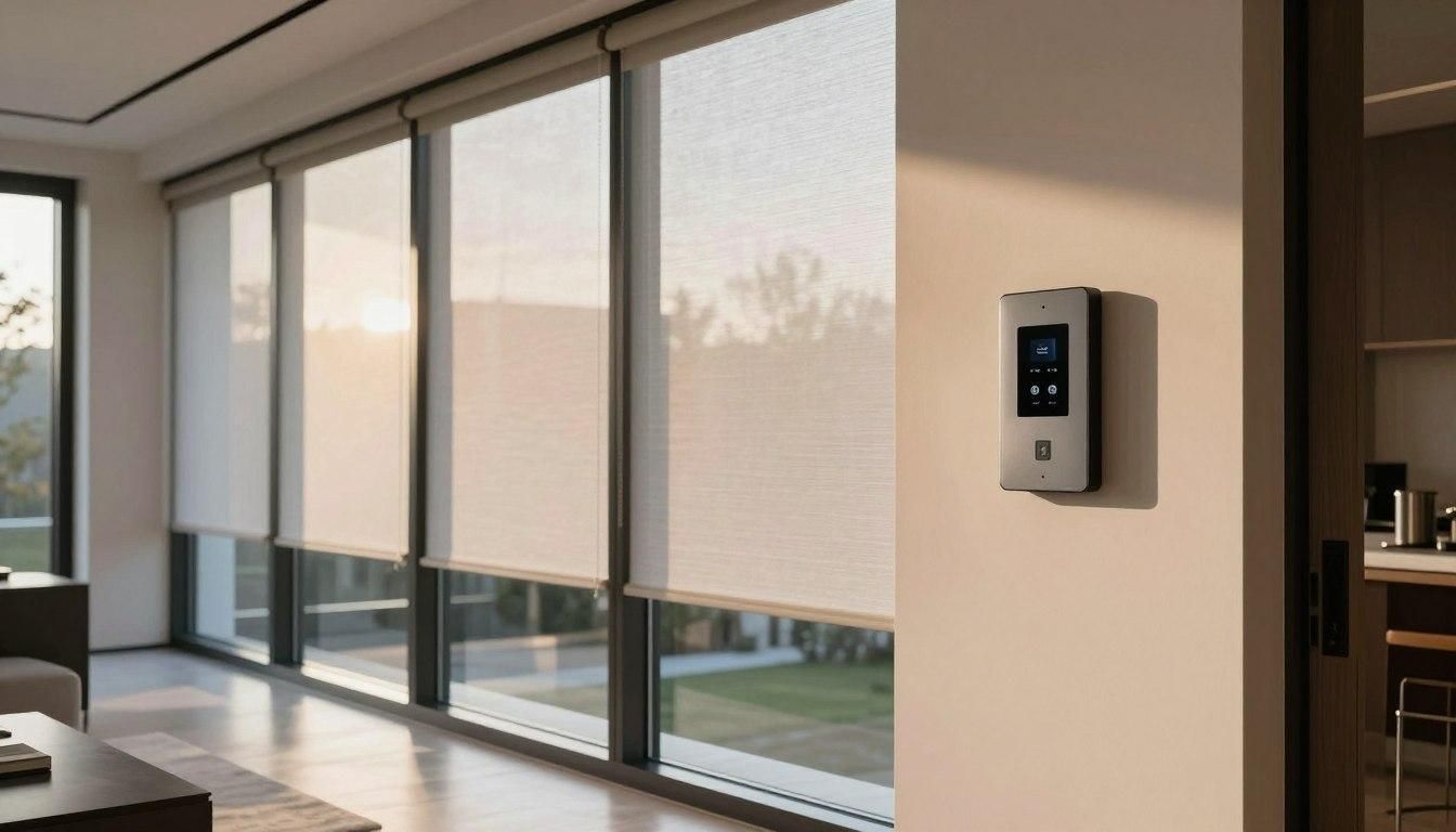 Modern room with floor-to-ceiling windows and a wall-mounted control panel on a beige wall.
