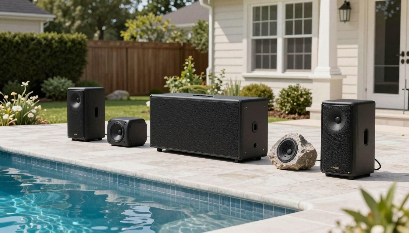 Various outdoor audio speakers are arranged on a stone patio beside a swimming pool near a house.