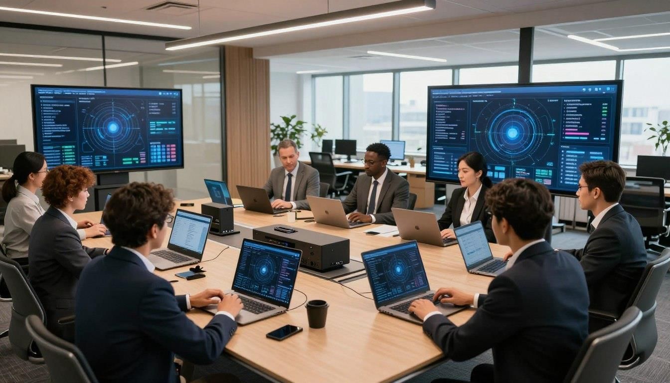 People in business suits around a conference table with laptops and screens displaying data.