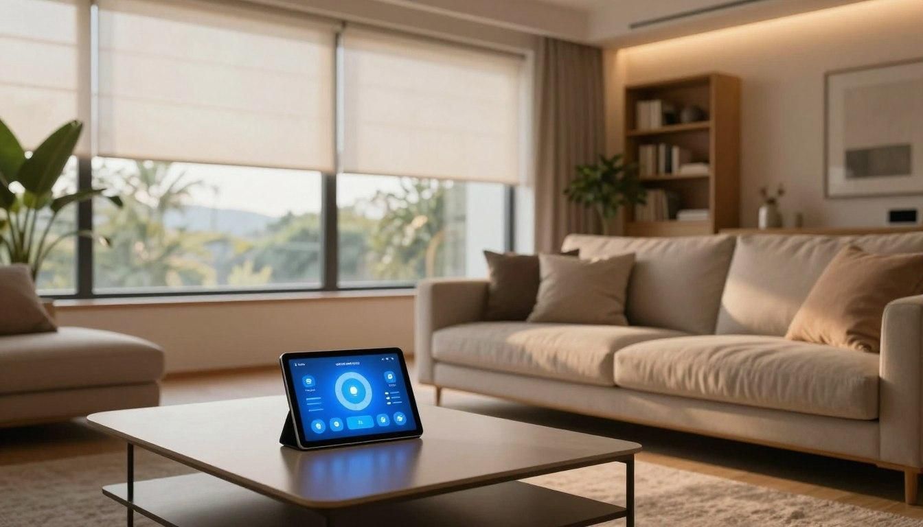 Modern living room with a tablet on a coffee table and a beige sofa by a window