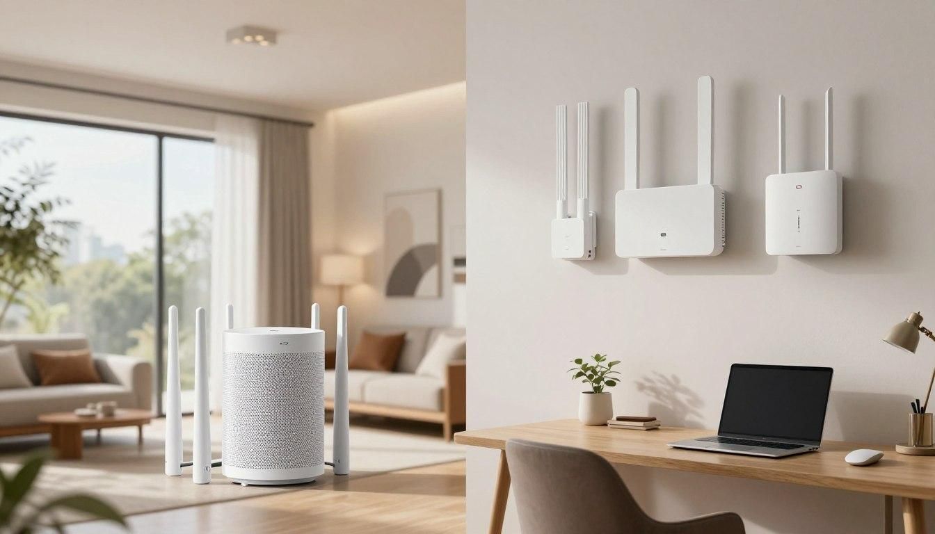 Wireless routers displayed in a modern home, showing different setups, including a desk with a laptop.