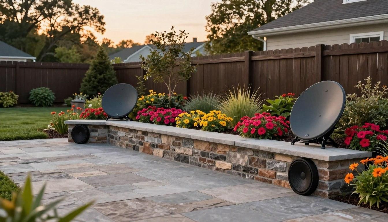 A stone patio with a raised garden bed featuring colorful flowers, greenery, and two large satellite-style audio speakers.