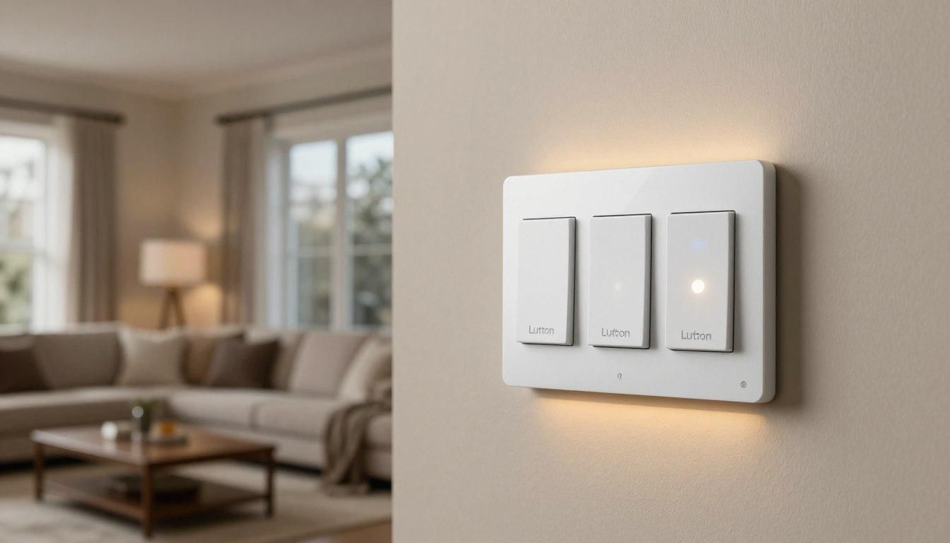 Modern white wall light switch in a softly lit living room with a blurred couch in the background