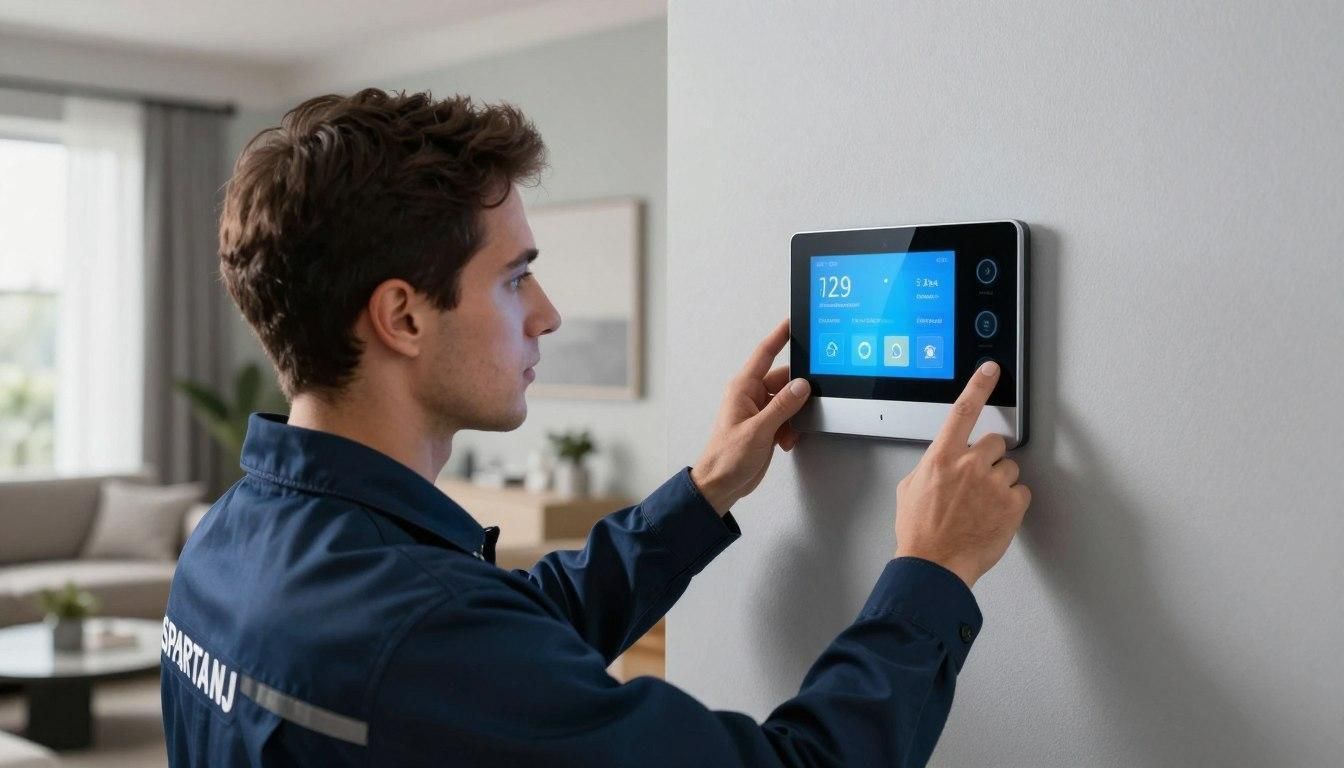 Technician adjusting a wall-mounted security control panel in a home interior