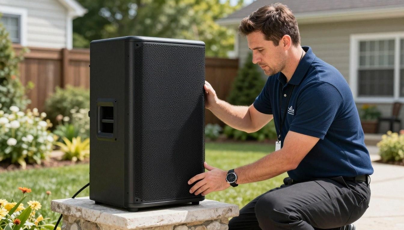 A person in a blue polo shirt adjusts a large black speaker set on a stone pedestal in a grassy backyard.