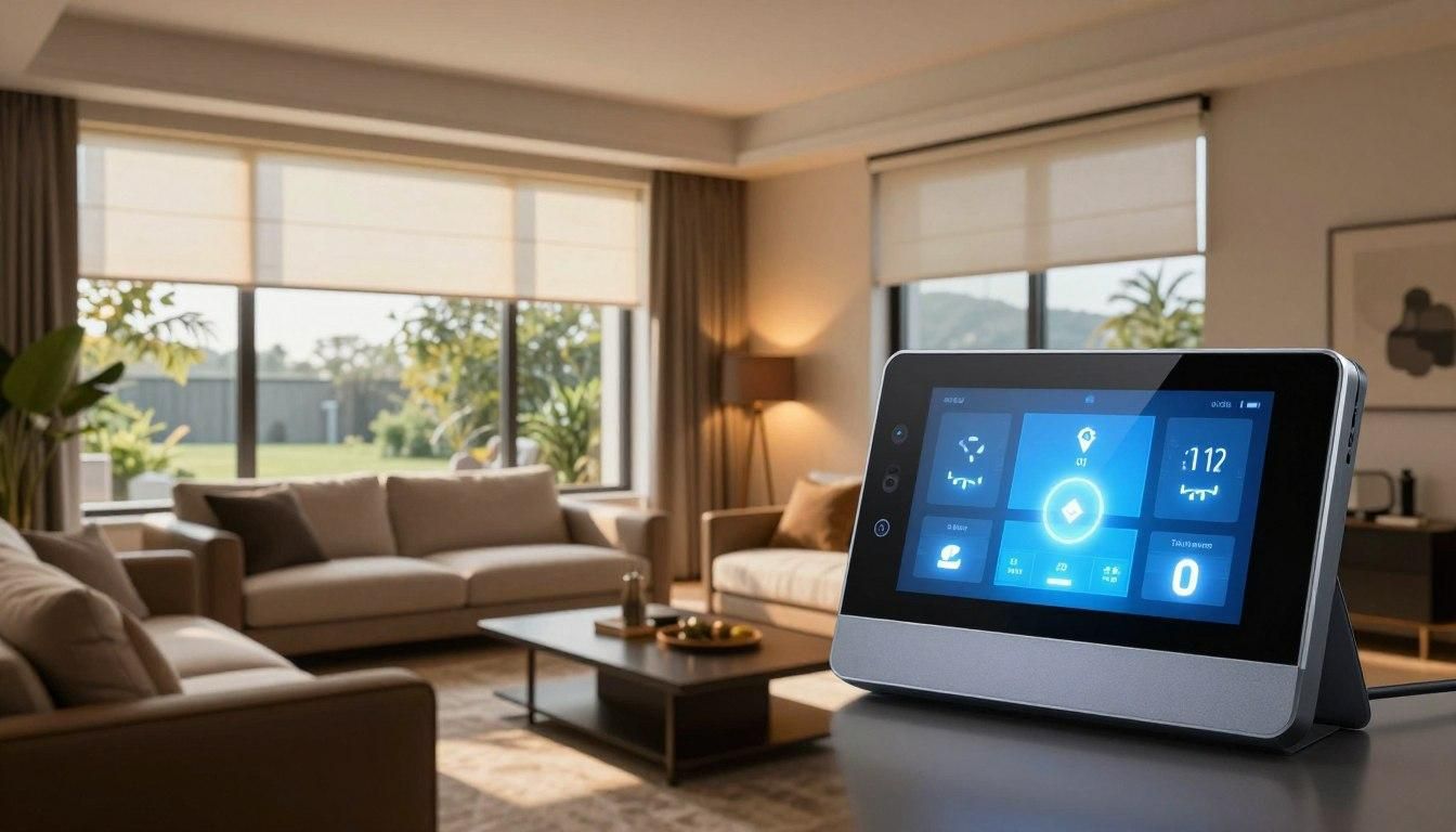Smart home control tablet on a table in a bright living room with sofa and large windows.