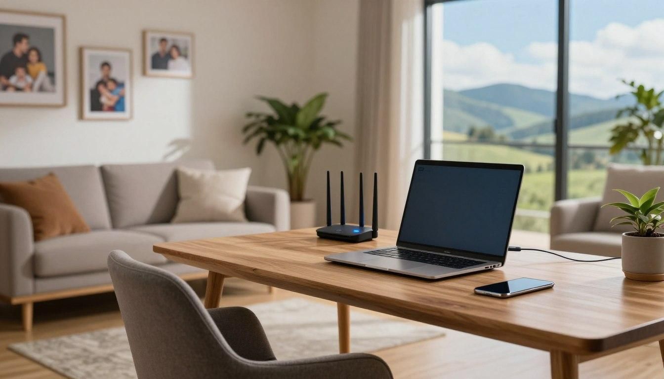 Laptop and router on a wooden desk in a modern living room, with a mountain view in the background.