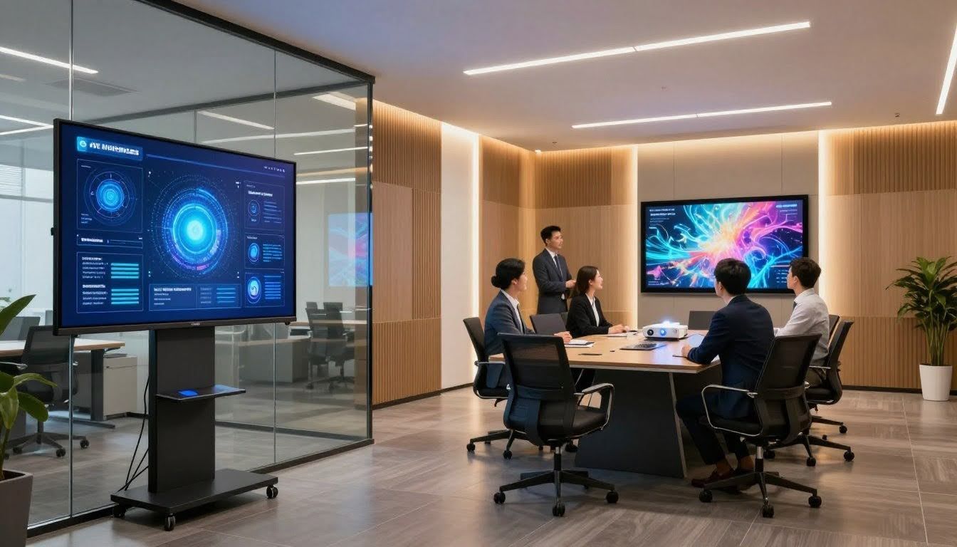 Modern conference room with people meeting around a table beside large digital displays