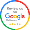 Colored ring badge reading “Review us on Google My Business” with five gold stars