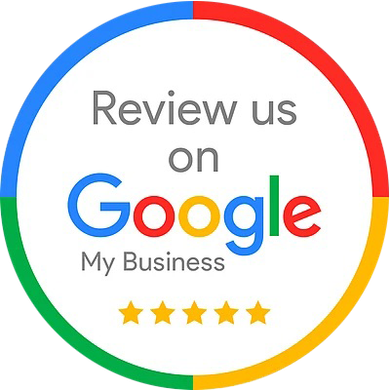 Google My Business review badge with multicolor Google logo and five stars on a white background
