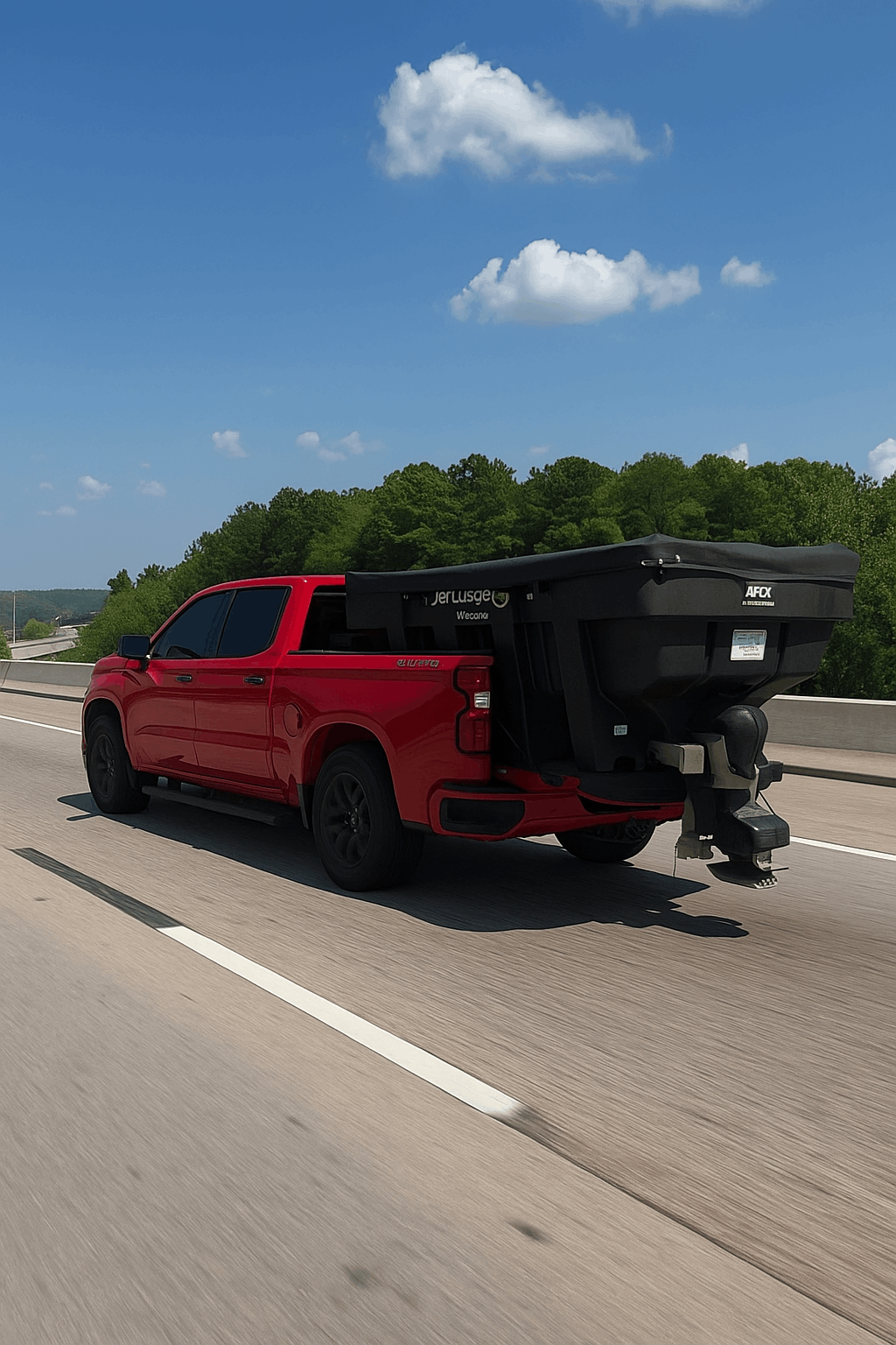 A red truck with a black box in the back is driving down a highway.