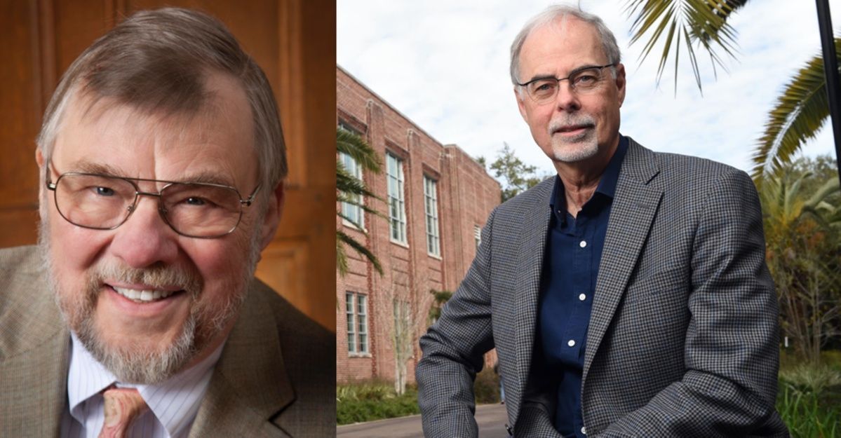 Two photos of two men, both are wearing glasses and have grey hair and a beard.