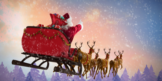 Santa Claus riding his sleigh with 6 reindeer, it is snowing and santa has presents in his red sleigh