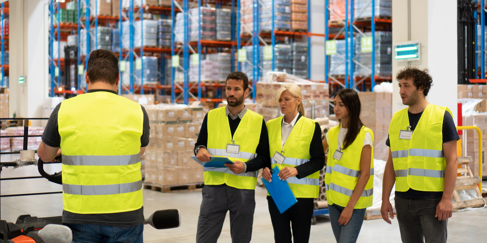 A group of wareouse workers listening to someone teaching them 