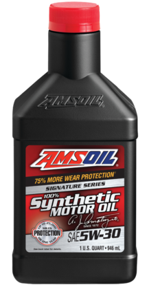 Black AMSOIL synthetic motor oil bottle with red cap, red and white label, SAE 5W-30.