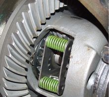 Close-up of a metal differential with a large gear, internal gears, and two green springs.