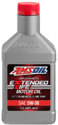 AMSOIL Extended Life motor oil bottle, SAE 5W-30. Silver and black label with red accents.