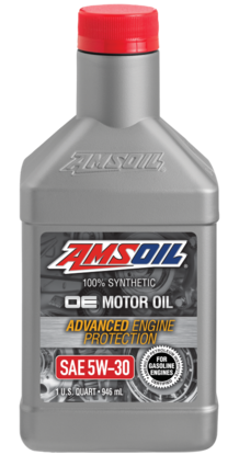 Bottle of AMSOIL OE motor oil, SAE 5W-30, with a red cap and gray label.
