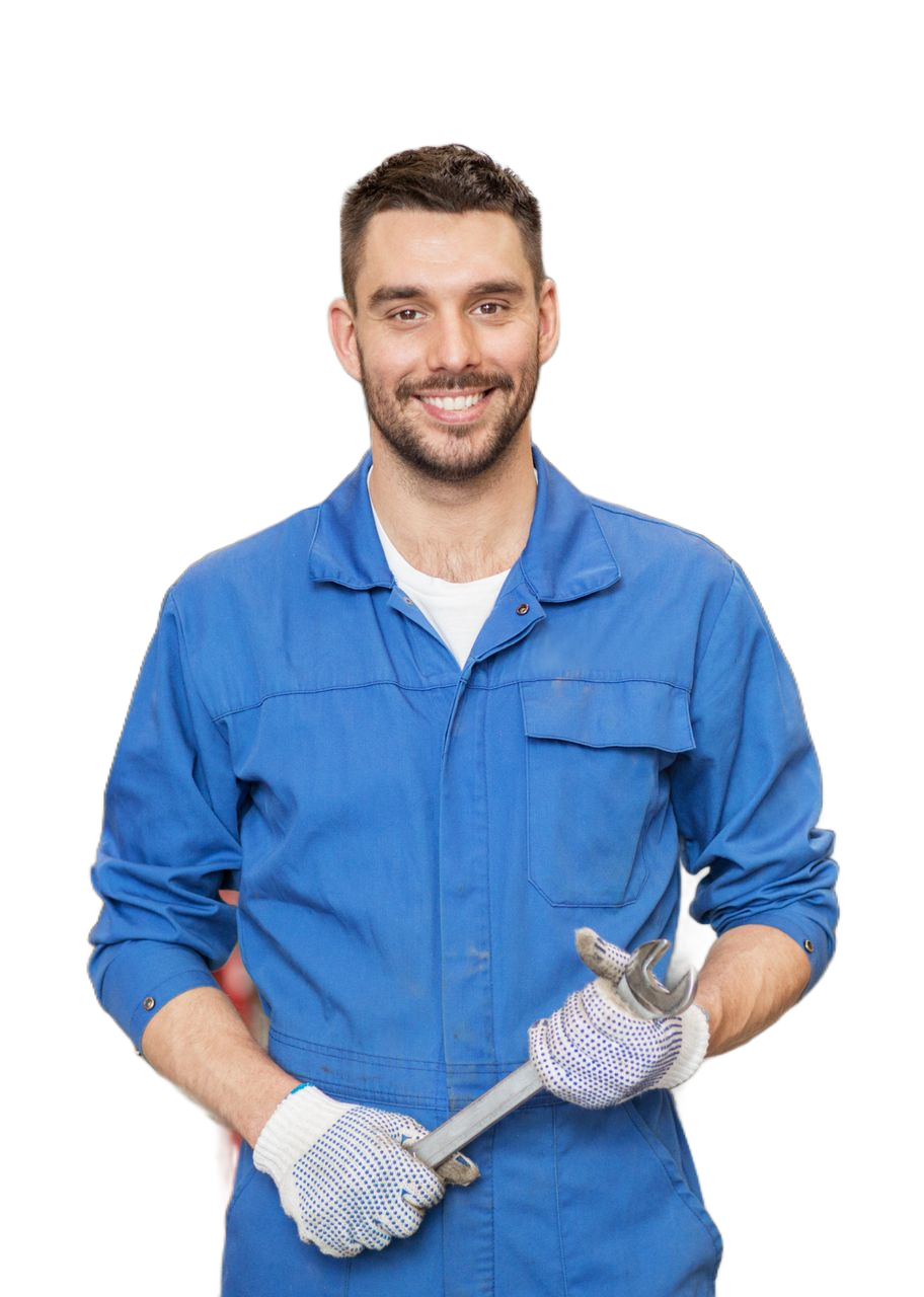 Mechanic in blue jumpsuit, holding wrench, smiling, wearing gloves. Mechanic in blue jumpsuit, holding wrench, smiling, wearing gloves.