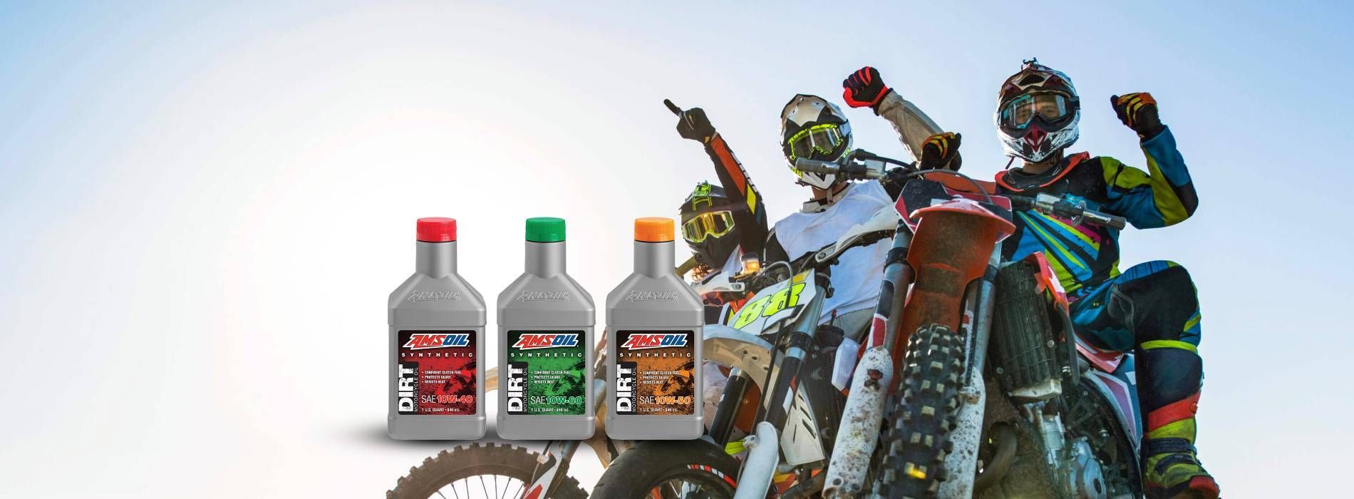 Motorcycle oil bottles with red, green, and orange caps, and motocross racers celebrating.