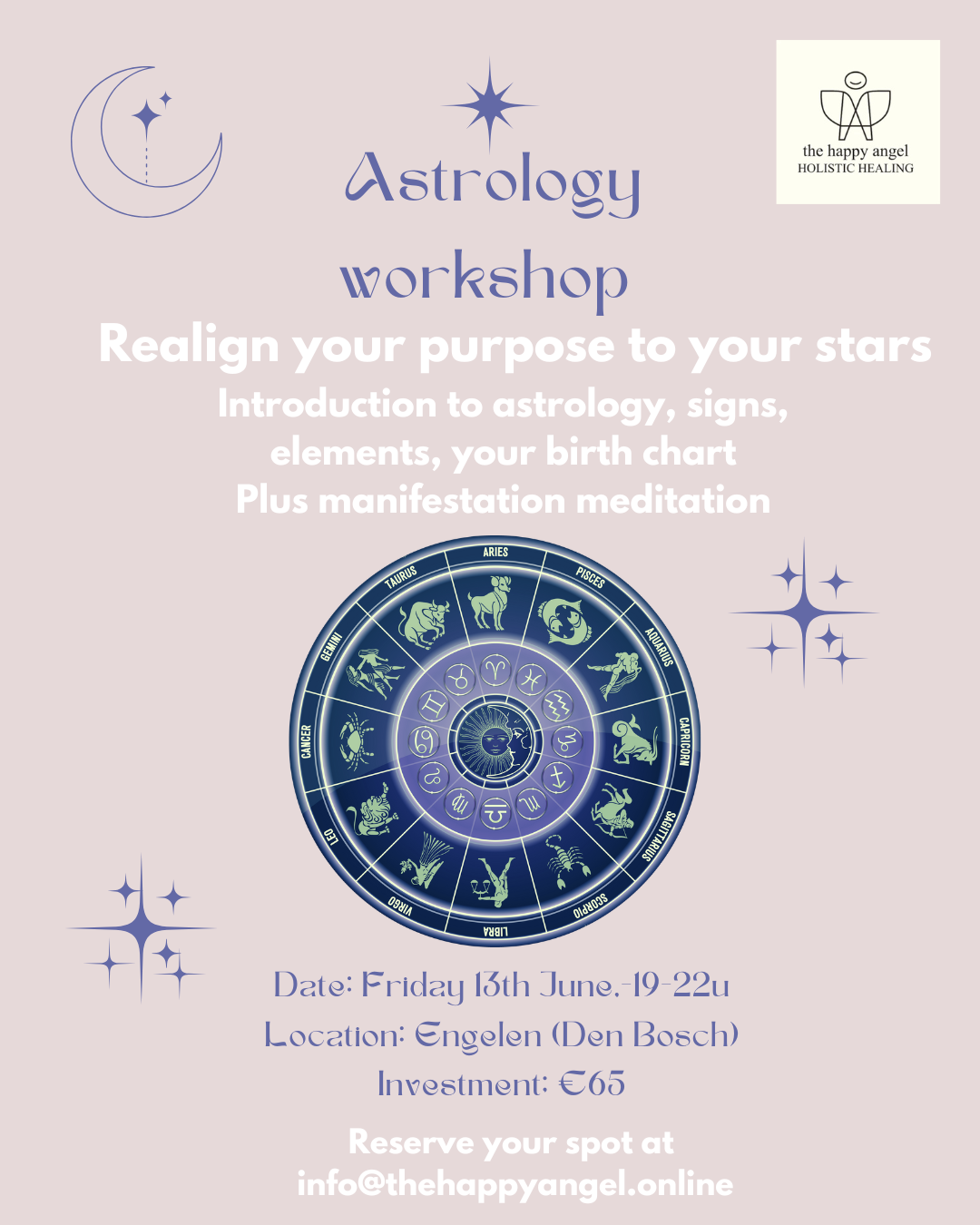 Een poster voor een astrologieworkshop met de titel 'Realign your Purpose to your Stars'