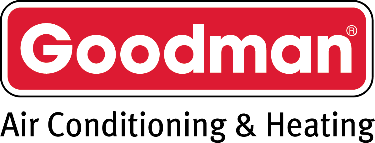 The logo for goodman air conditioning and heating is red and white.