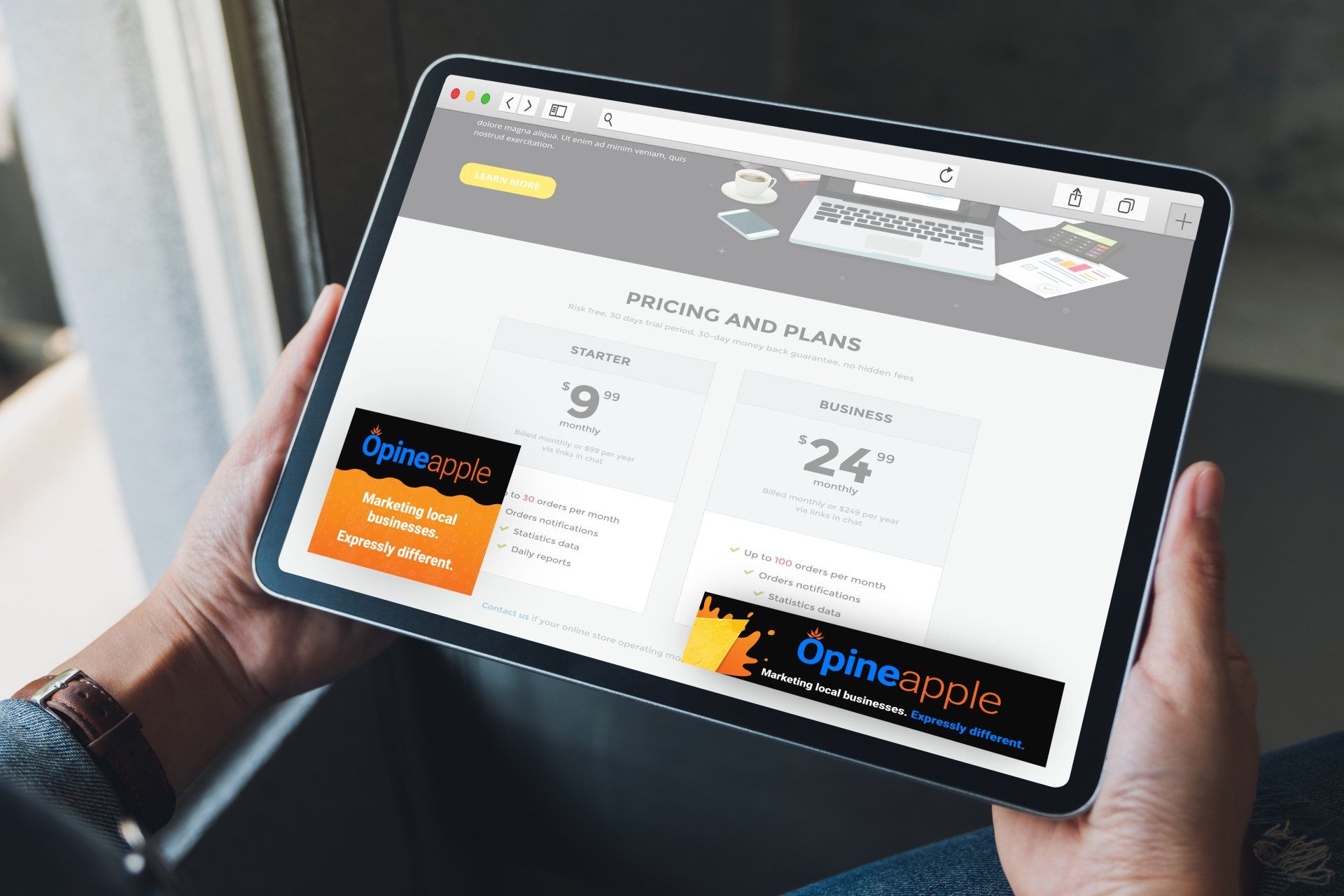 Tablet displaying website with ads