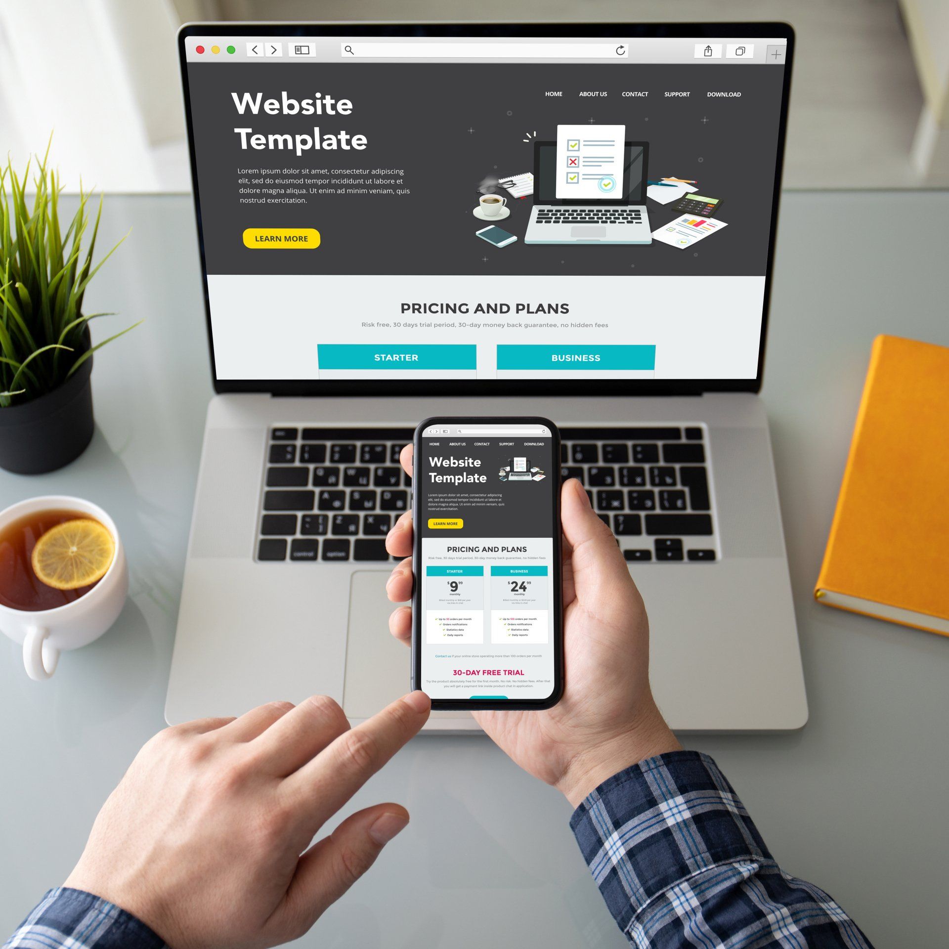 Website design service text on an image of a computer and phone.