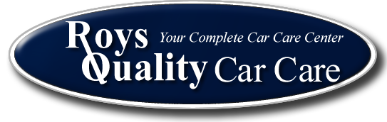 The logo for roy 's quality car care is blue and white