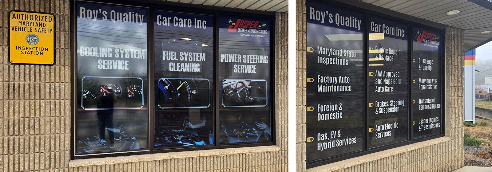 Exterior of Roy's Quality Car Care and Diagnostic Clinic; building with window signs listing services.