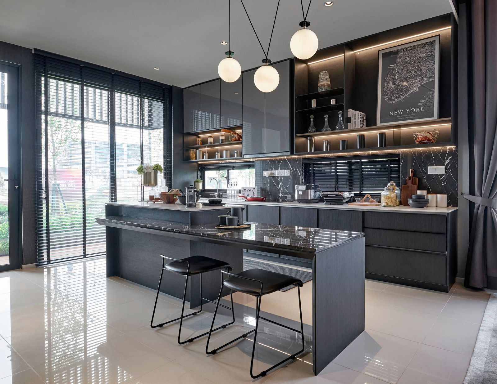 A kitchen with a table and chairs in the middle of it.